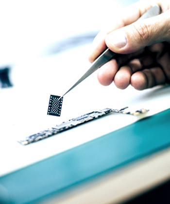 ruka s pinzetou držící čip